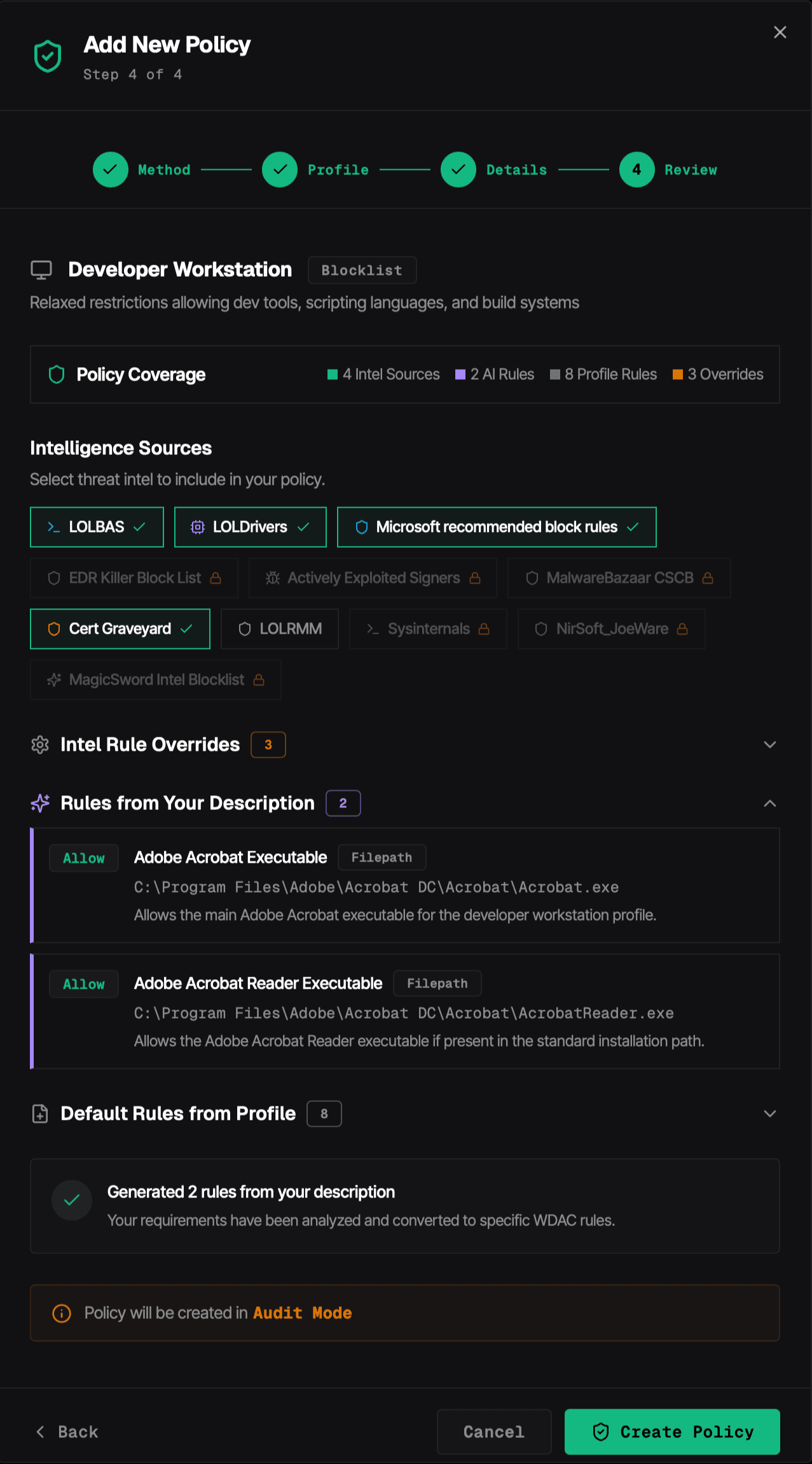 MagicSword policy creation wizard showing intel sources, AI-generated rules, and coverage summary